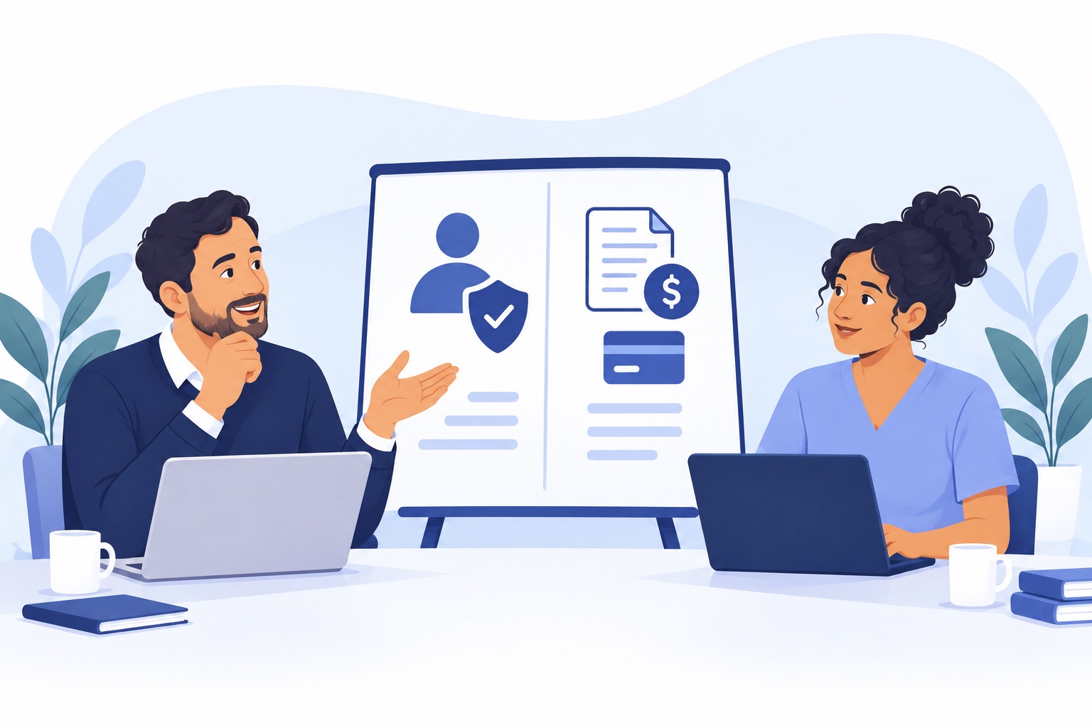 A practice owner and billing specialist reviewing separate areas of responsibility