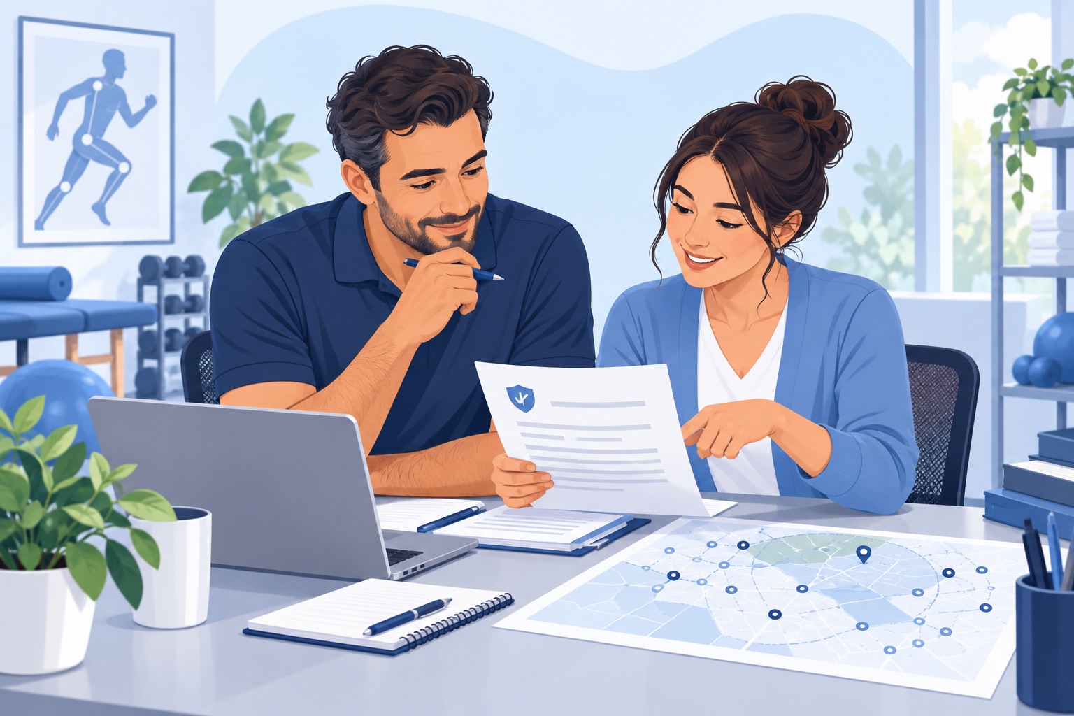 A practice owner and billing specialist reviewing payer access on a regional map
