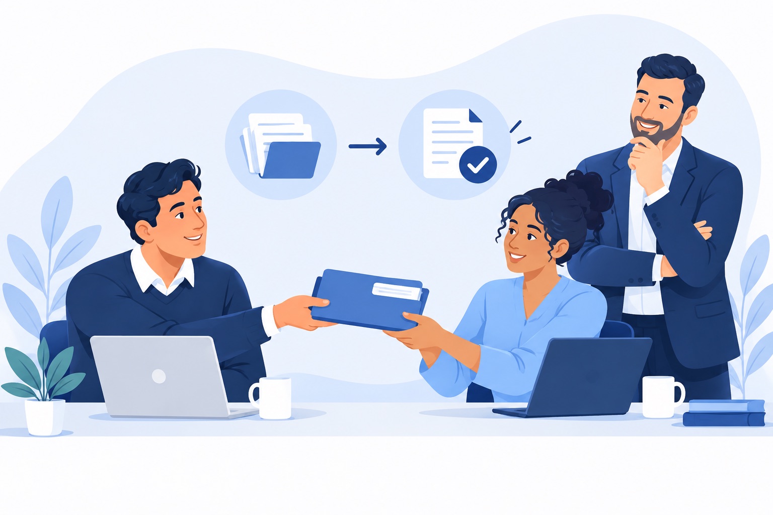 Billing specialists handing over a claim folder while a practice owner observes