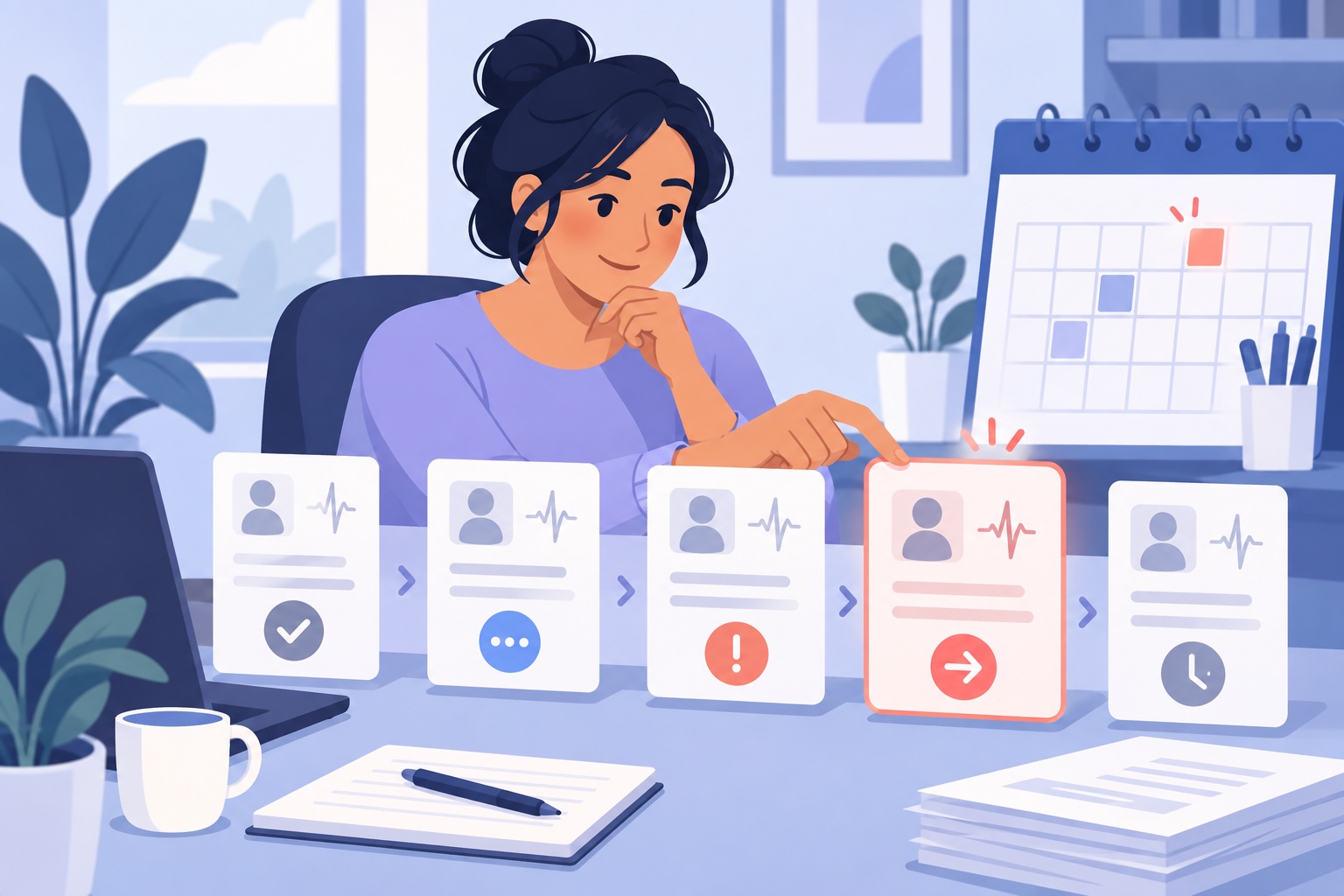 A billing specialist prioritizing unpaid claim follow-up with a claim queue and calendar