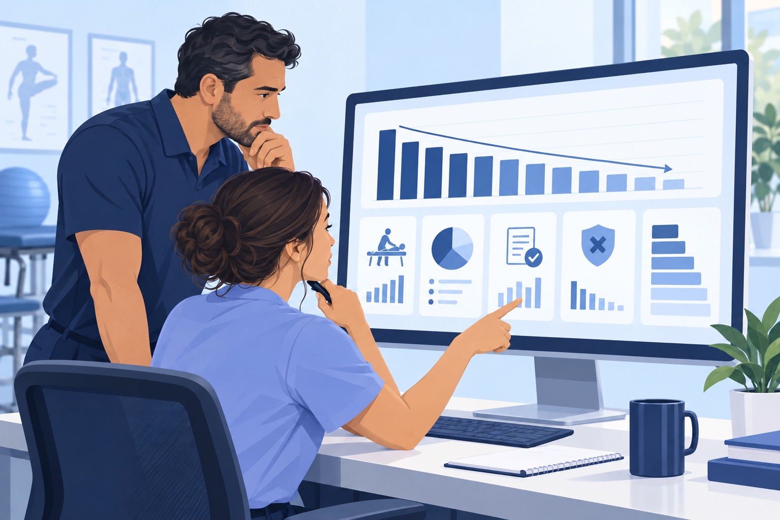 A practice owner and biller reviewing a dashboard that shows a collections trend to investigate